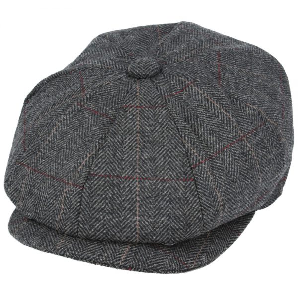 Maz Check Herringbone 8 Panel Newsboy Cap - Dark-Grey