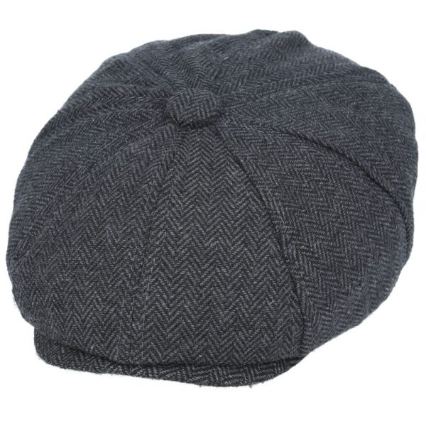 Maz Herringbone 8 Panel Newsboy Cap with Elastic at the Back - Charcoal