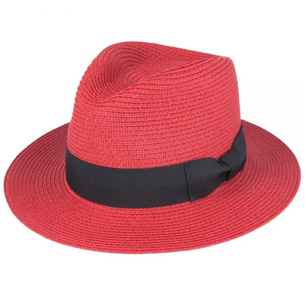 Summer Paper Straw Fedora Hat - Dark Red