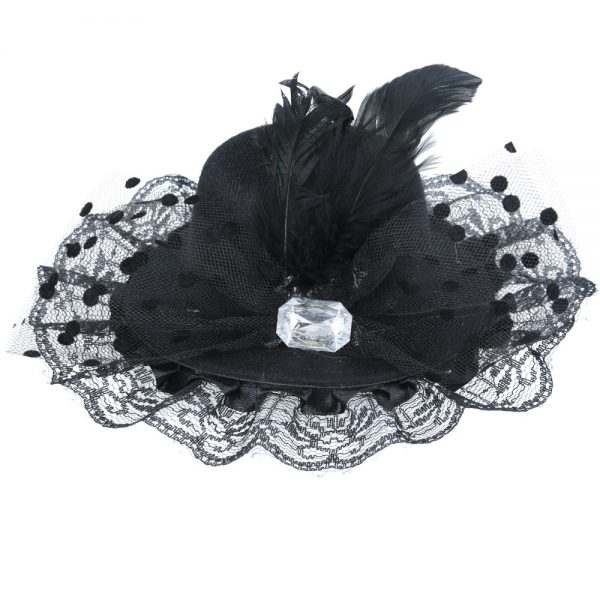 Maz Back Top Hat Fascinator With Elegant Feather & Diamond - Black