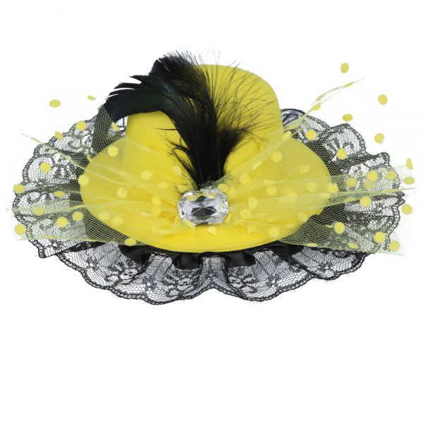 Maz Back Top Hat Fascinator With Elegant Feather & Diamond - Yellow