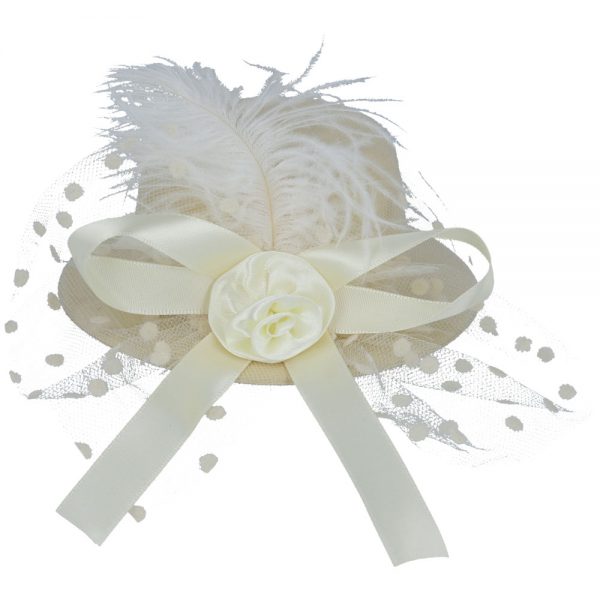 Maz Mini Top Hat Fascinator With Elegant Feather & Bow - Beige