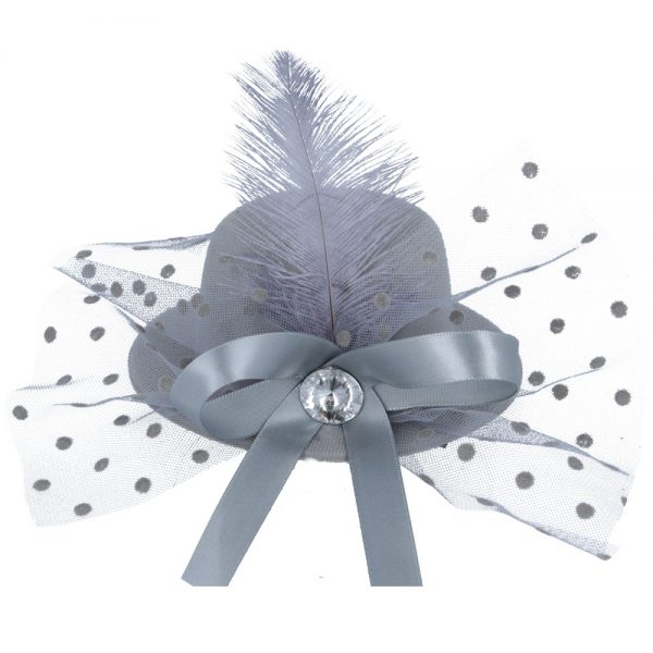 Maz Mini Top Hat Fascinator With Elegant Feather & Diamond - Grey