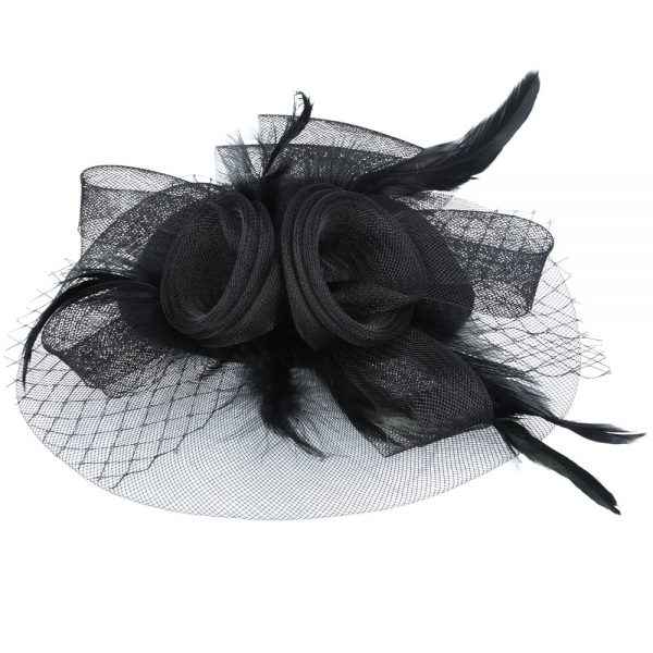 Maz Fascinator With Elegant Feather & Mesh - Black