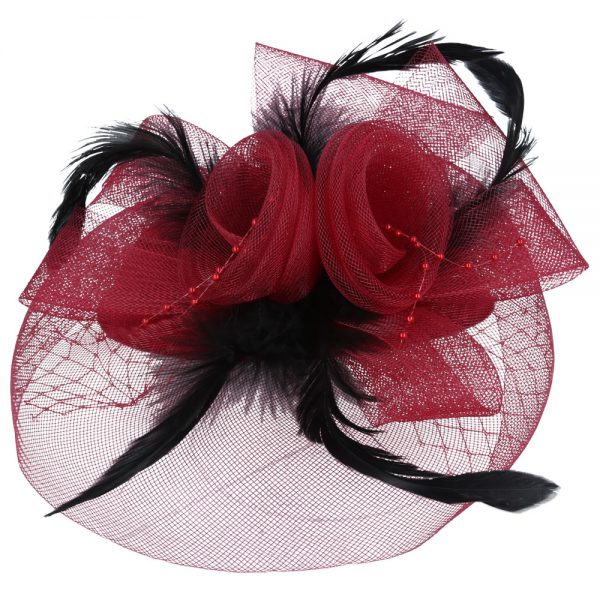 Maz Fascinator With Elegant Feather & Mesh - Wine