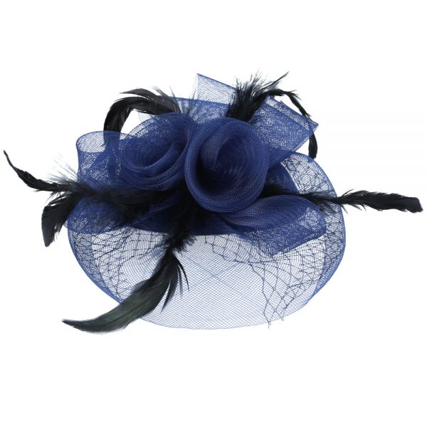 Maz Fascinator With Elegant Feather & Mesh - Navy