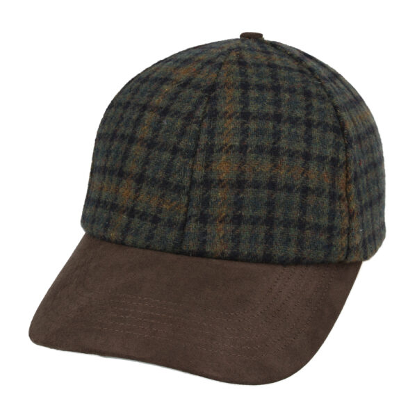 Checked Tweed With Suede Peak Baseball Cap - Green